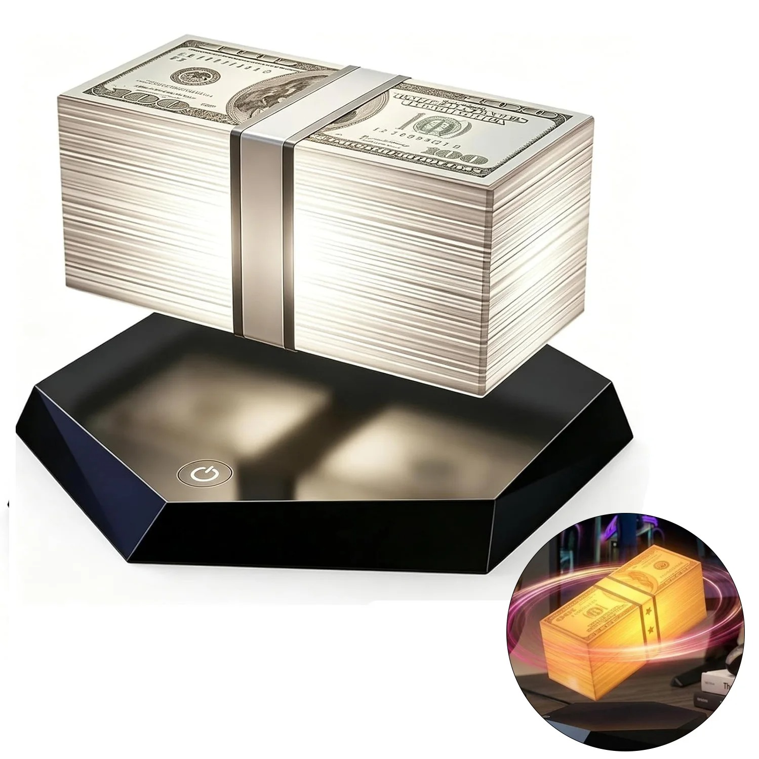 Wasted Lamp levitating cash lamp glowing on a dark gaming desk