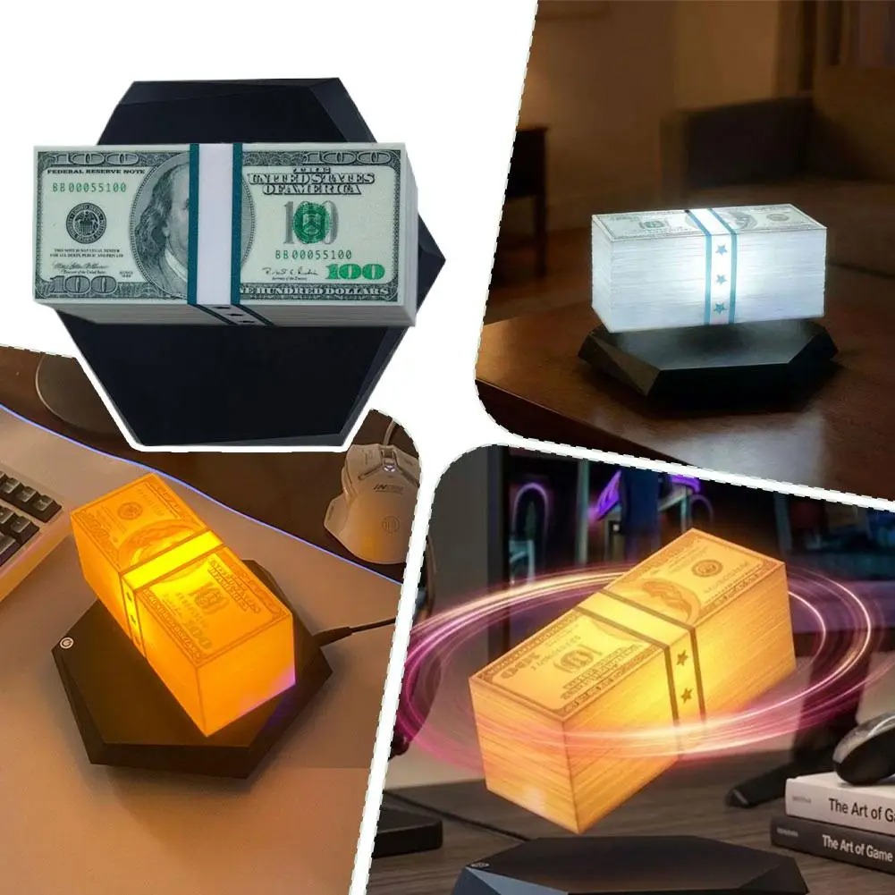 Gaming room decor with a floating money lamp lighting a desk setup